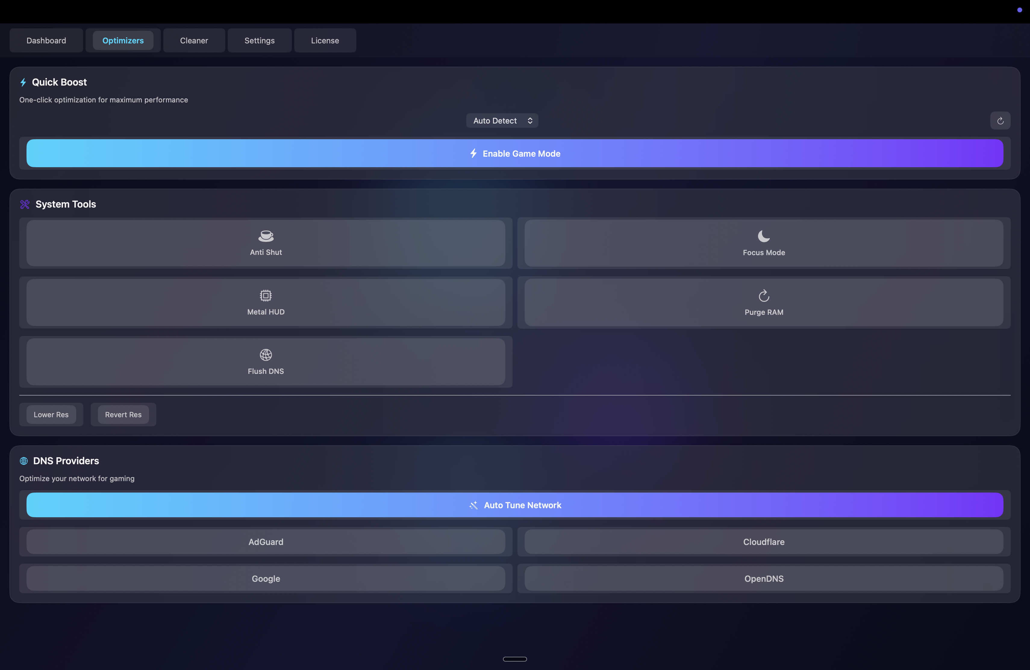 FrameBoost Optimizers panel with quick boost tools